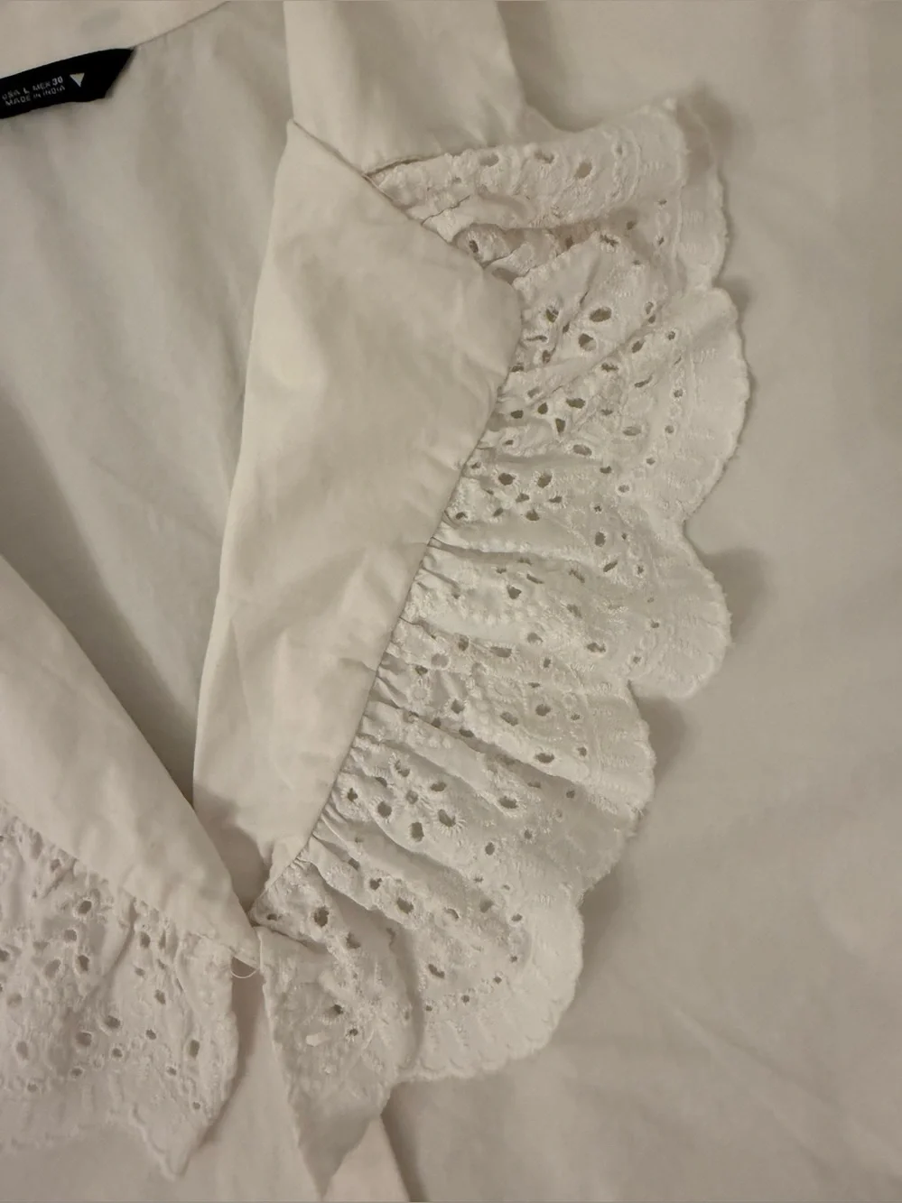 Zara White Eyelet Ruffle Collar Balloon Sleeve Boho Cropped Cotton Blouse Size L